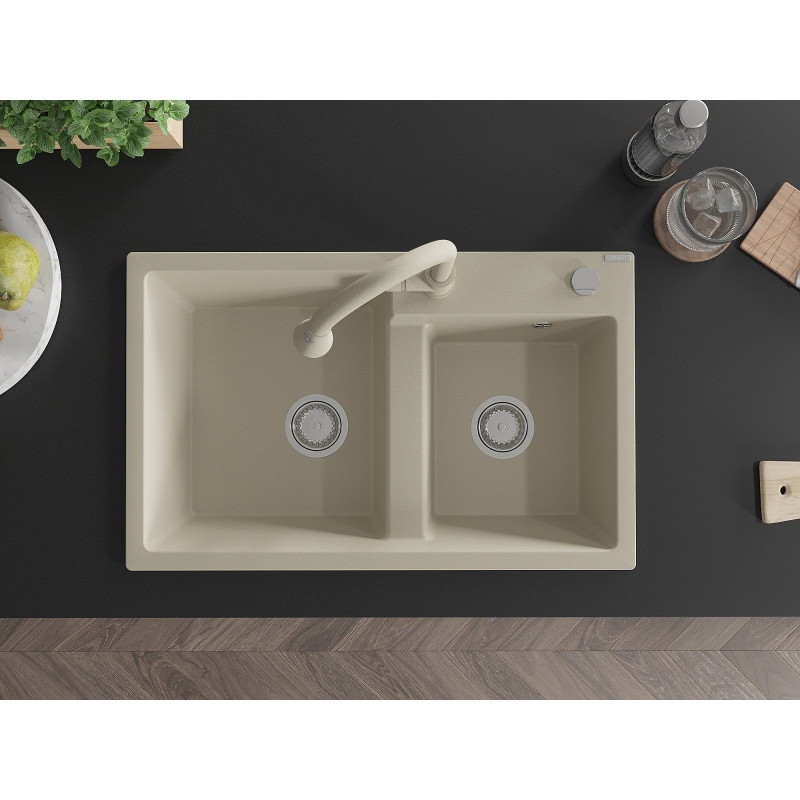 Mexen Tomas 2-chamber granite sink with Elia kitchen faucet, beige - 6516-69-670101-69