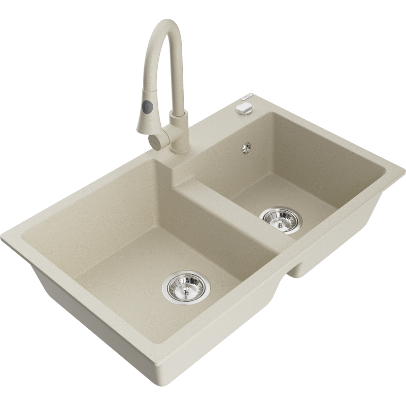 Mexen Tomas Granite 2-Compartment Sink with Elia Kitchen Tap, Beige - 6516-69-670101-69