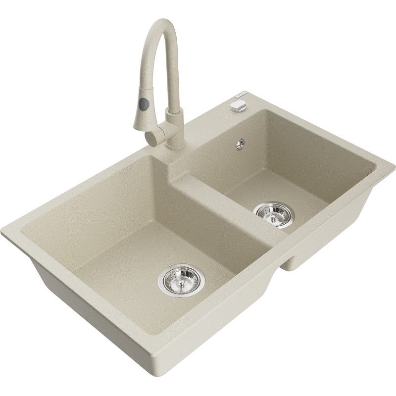 Mexen Tomas granite double-bowl sink with Elia kitchen faucet, beige - 6516-69-670101-69