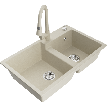 Mexen Tomas 2-chamber granite sink with Elia kitchen faucet, beige - 6516-69-670101-69