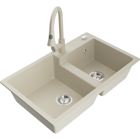 Mexen Tomas Granite 2-Compartment Sink with Elia Kitchen Tap, Beige - 6516-69-670101-69