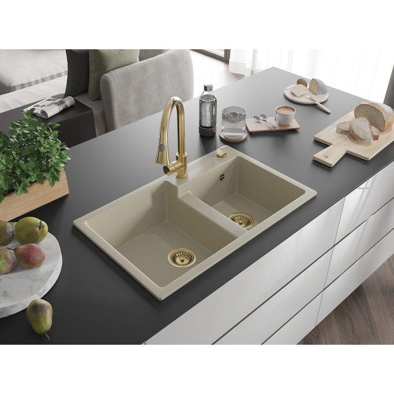 Mexen Tomas granite double bowl sink with Elia kitchen faucet, beige - 6516-69-670101-50