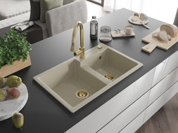 Mexen Tomas granite 2-bowl sink with Elia kitchen tap, beige - 6516-69-670101-50