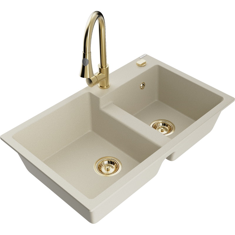 Mexen Tomas granite 2-bowl sink with Elia kitchen tap, beige - 6516-69-670101-50