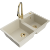 Mexen Tomas granite double bowl sink with Elia kitchen faucet, beige - 6516-69-670101-50