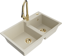 Mexen Tomas granite double bowl sink with Elia kitchen faucet, beige - 6516-69-670101-50