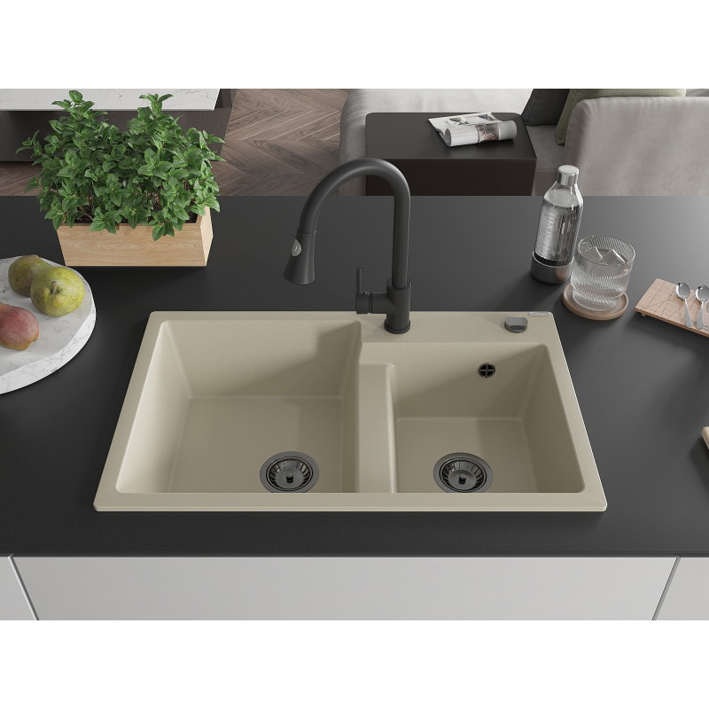 Mexen Tomas granite double-bowl sink with Elia kitchen faucet, beige - 6516-69-670101-70
