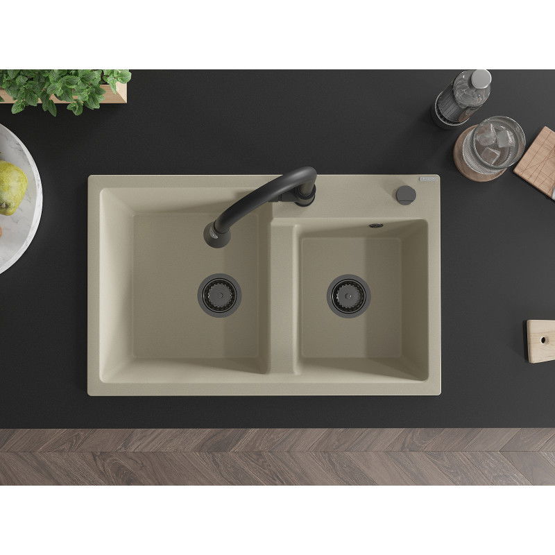 Mexen Tomas granite kitchen sink double-bowl with Elia kitchen tap, beige - 6516-69-670101-70