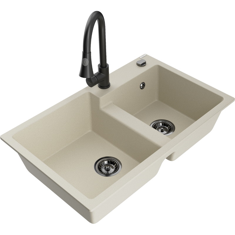 Mexen Tomas granite double-bowl sink with Elia kitchen faucet, beige - 6516-69-670101-70