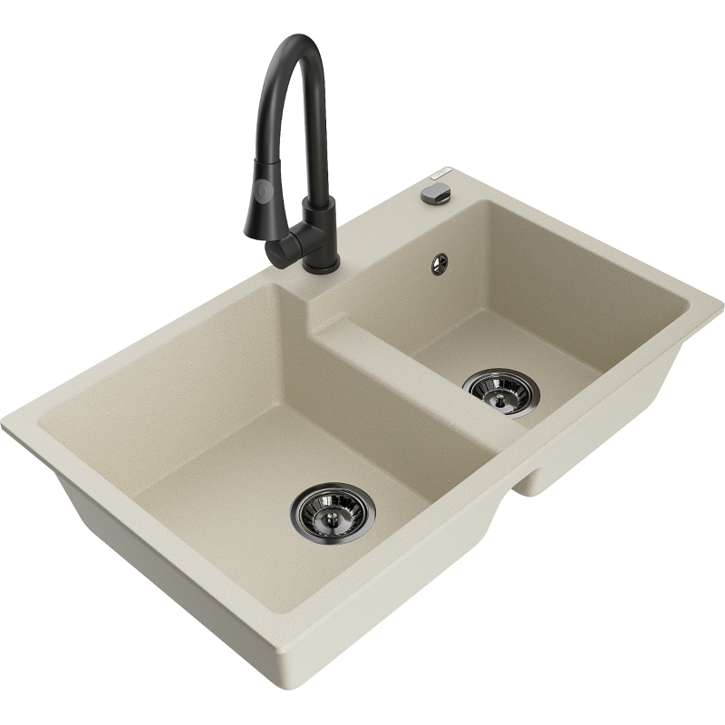 Mexen Tomas granite kitchen sink double-bowl with Elia kitchen tap, beige - 6516-69-670101-70