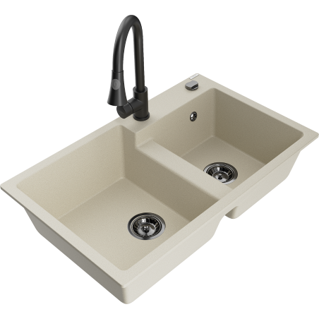 Mexen Tomas granite double-bowl sink with Elia kitchen faucet, beige - 6516-69-670101-70