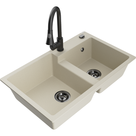 Mexen Tomas granite kitchen sink double-bowl with Elia kitchen tap, beige - 6516-69-670101-70