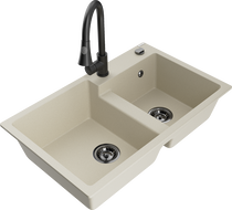 Mexen Tomas granite double-bowl sink with Elia kitchen faucet, beige - 6516-69-670101-70