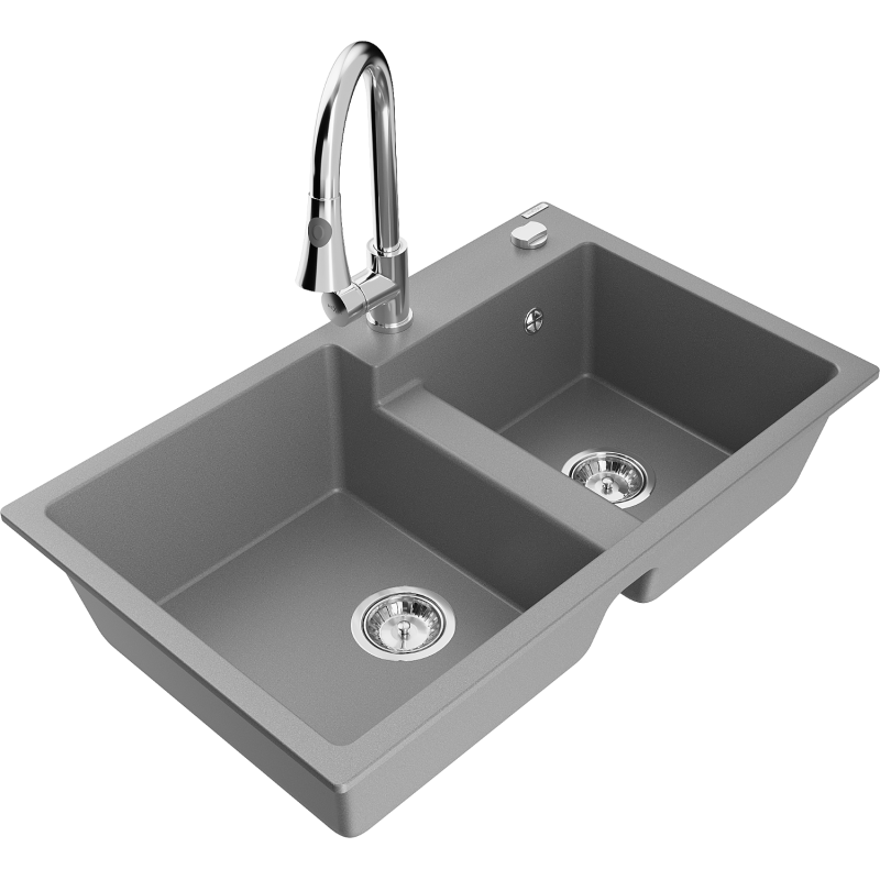 Mexen Tomas granite sink 2-chamber with Elia kitchen tap, grey - 6516-71-670101-00