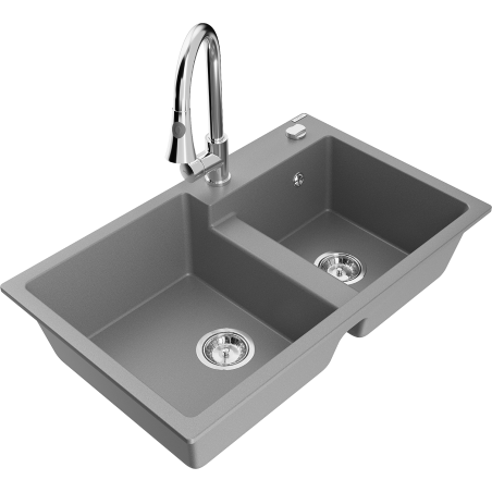 Mexen Tomas granite sink 2-chamber with Elia kitchen tap, grey - 6516-71-670101-00