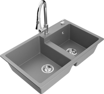 Mexen Tomas granite kitchen sink 2-bowl with Elia kitchen faucet, gray - 6516-71-670101-00