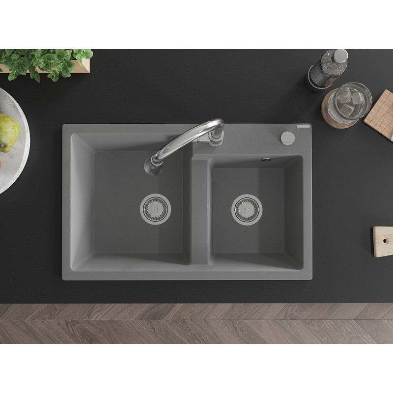 Mexen Tomas granite double-bowl kitchen sink with Elia faucet, gray - 6516-71-670101-00