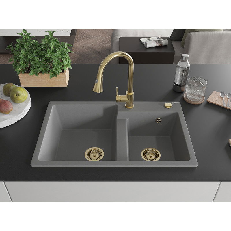 Mexen Tomas granite sink with 2 chambers and Elia kitchen tap, grey - 6516-71-670101-50