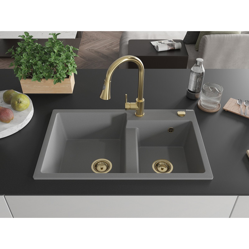 Mexen Tomas gray 2-bowl granite sink with Elia kitchen faucet - 6516-71-670101-50