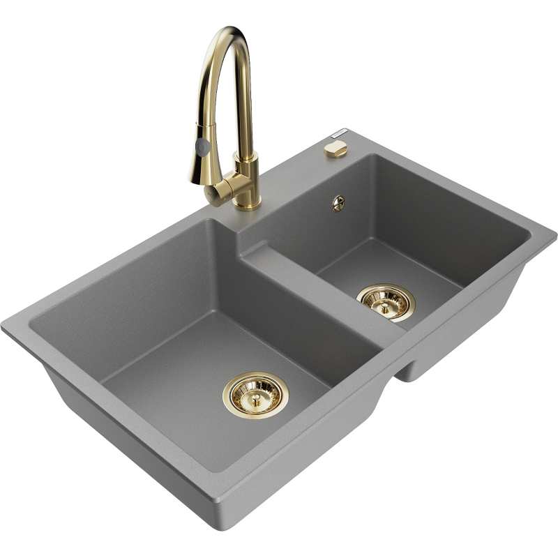 Mexen Tomas 2-compartment granite sink with a kitchen mixer tap Elia, Grey - 6516-71-670101-50