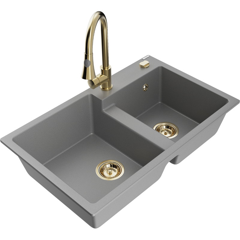 Mexen Tomas 2-compartment granite sink with Elia kitchen faucet, gray - 6516-71-670101-50