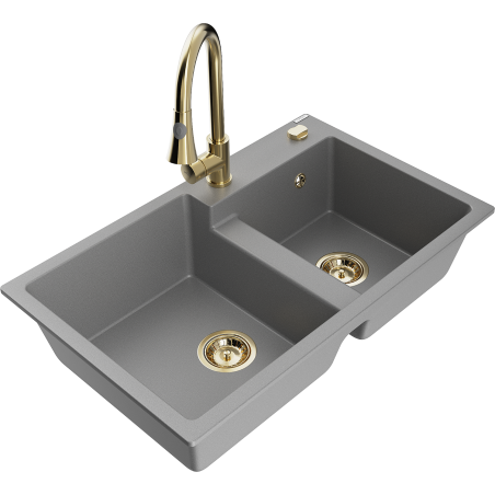 Mexen Tomas granite sink with 2 chambers and Elia kitchen tap, grey - 6516-71-670101-50