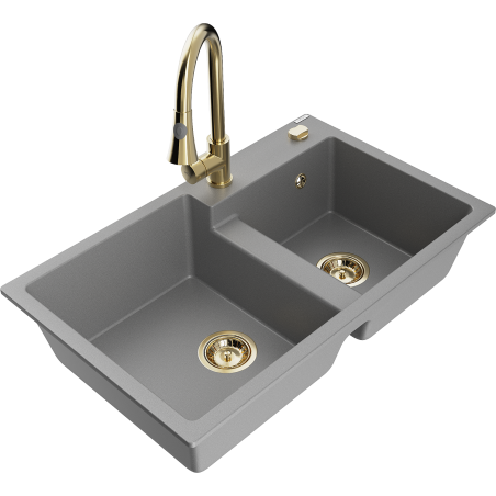 Mexen Tomas gray 2-bowl granite sink with Elia kitchen faucet - 6516-71-670101-50