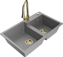 Mexen Tomas 2-compartment granite sink with Elia kitchen faucet, gray - 6516-71-670101-50