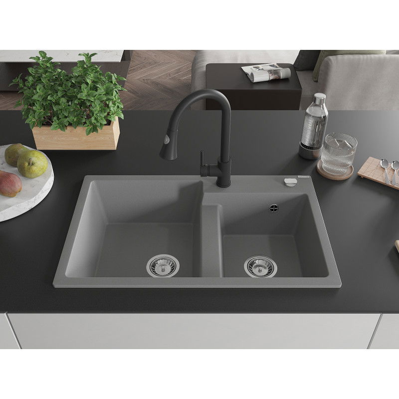 Mexen Tomas granite sink 2-chamber with Elia kitchen tap, grey - 6516-71-670101-70