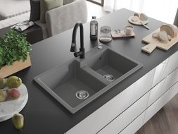 Mexen Tomas granite sink 2-bowl with Elia kitchen faucet, gray - 6516-71-670101-70