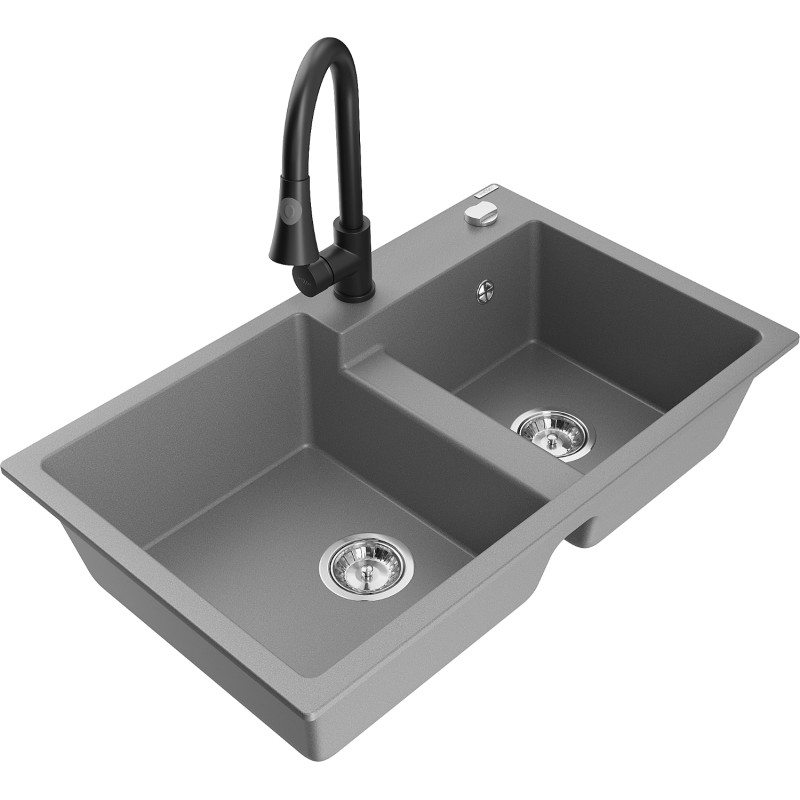 Mexen Tomas granite sink 2-bowl with Elia kitchen faucet, gray - 6516-71-670101-70
