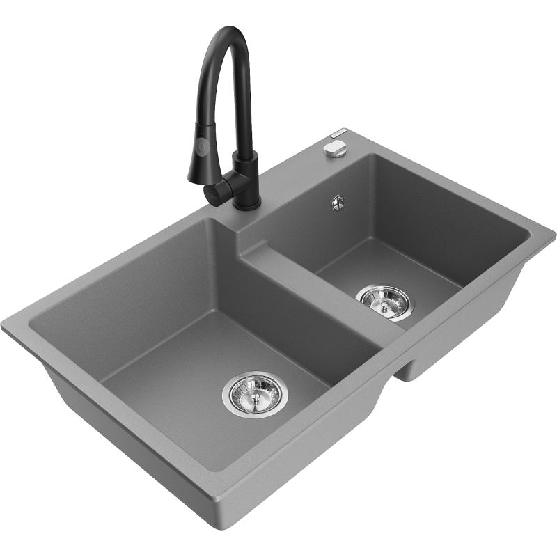 Mexen Tomas granite sink 2-chamber with Elia kitchen tap, grey - 6516-71-670101-70