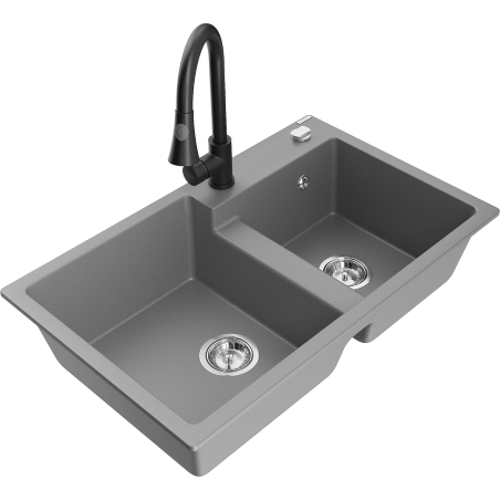 Mexen Tomas granite sink 2-bowl with Elia kitchen faucet, gray - 6516-71-670101-70