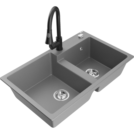 Mexen Tomas granite sink 2-chamber with Elia kitchen tap, grey - 6516-71-670101-70