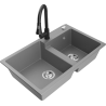 Mexen Tomas granite sink 2-bowl with Elia kitchen faucet, gray - 6516-71-670101-70