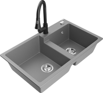 Mexen Tomas granite sink 2-bowl with Elia kitchen faucet, gray - 6516-71-670101-70
