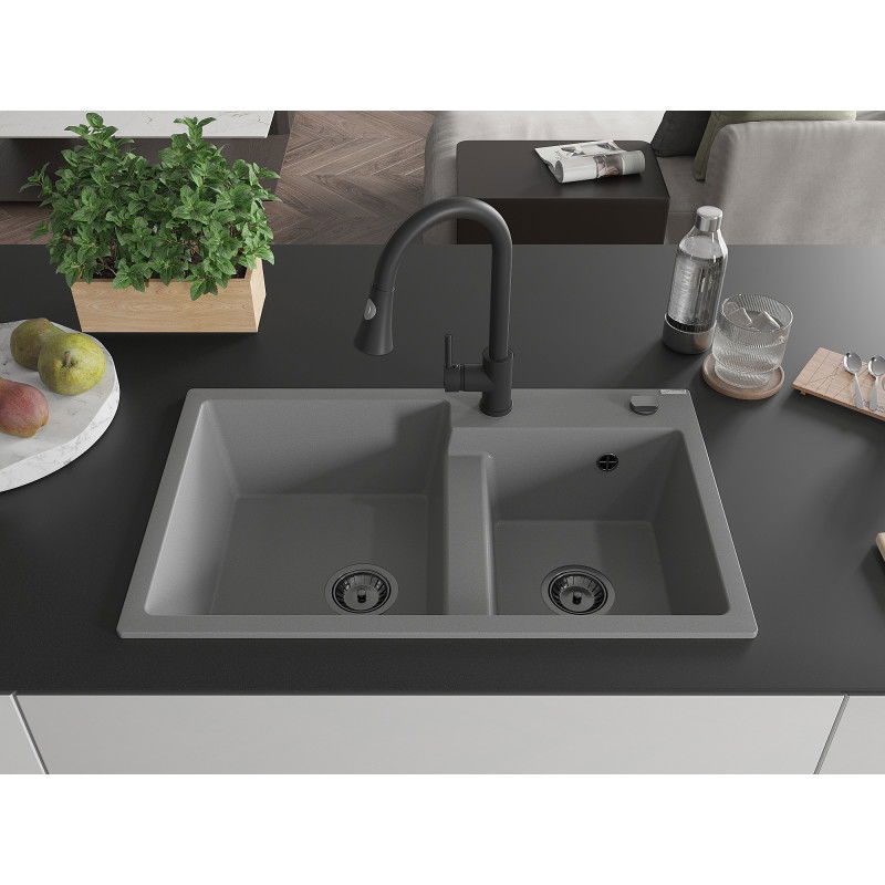 Mexen Tomas granite sink with 2 chambers and Elia kitchen tap, grey - 6516-71-670101-70-B