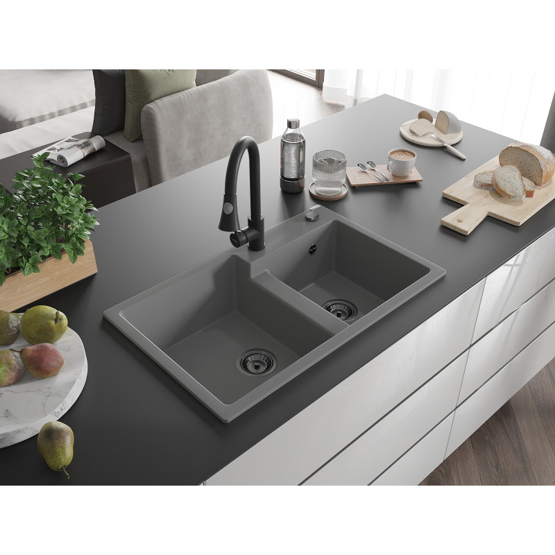 Mexen Tomas granite double-bowl kitchen sink with Elia faucet, gray - 6516-71-670101-70-B