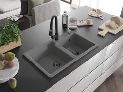 Mexen Tomas granite double-bowl kitchen sink with Elia faucet, gray - 6516-71-670101-70-B