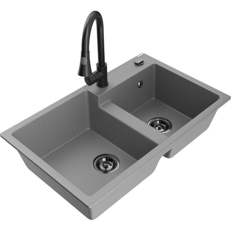 Mexen Tomas 2-bowl granite kitchen sink with Elia faucet, gray - 6516-71-670101-70-B