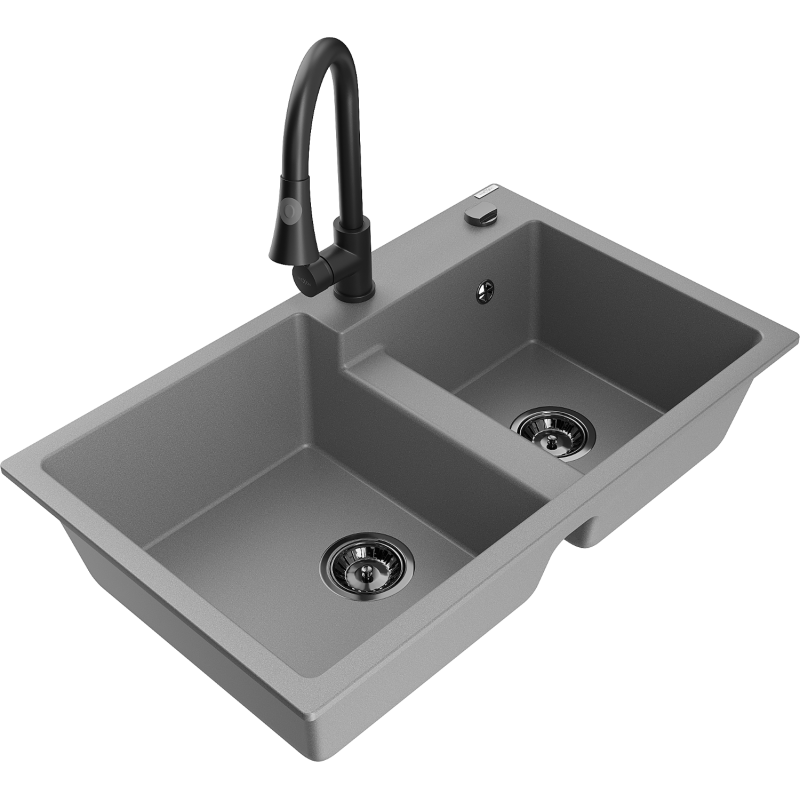 Mexen Tomas granite sink with 2 chambers and Elia kitchen tap, grey - 6516-71-670101-70-B