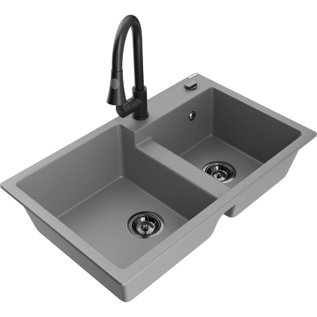 Mexen Tomas granite double-bowl kitchen sink with Elia faucet, gray - 6516-71-670101-70-B