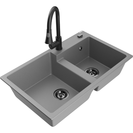 Mexen Tomas granite sink with 2 chambers and Elia kitchen tap, grey - 6516-71-670101-70-B