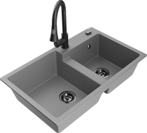 Mexen Tomas granite double-bowl kitchen sink with Elia faucet, gray - 6516-71-670101-70-B