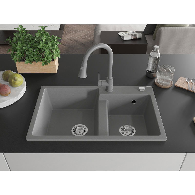 Mexen Tomas granite sink 2-bowl with Elia kitchen tap, grey - 6516-71-670101-71