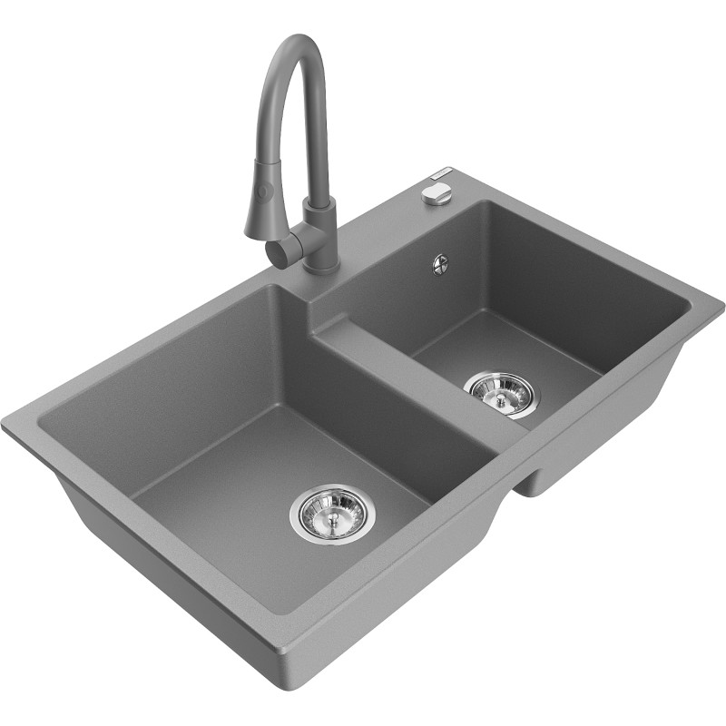 Mexen Tomas 2-bowl granite kitchen sink with Elia kitchen faucet, gray - 6516-71-670101-71