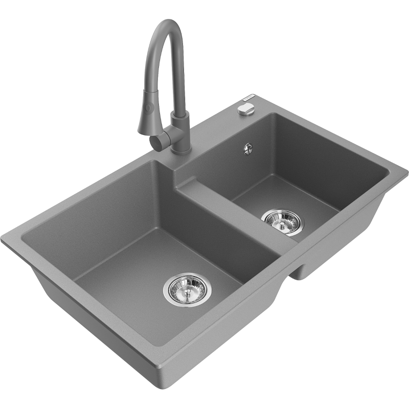 Mexen Tomas granite sink 2-bowl with Elia kitchen tap, grey - 6516-71-670101-71