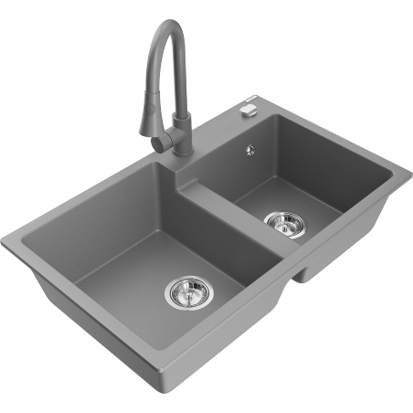 Mexen Tomas 2-bowl granite kitchen sink with Elia kitchen faucet, gray - 6516-71-670101-71