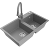 Mexen Tomas granite sink 2-bowl with Elia kitchen tap, grey - 6516-71-670101-71