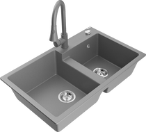 Mexen Tomas 2-bowl granite kitchen sink with Elia kitchen faucet, gray - 6516-71-670101-71
